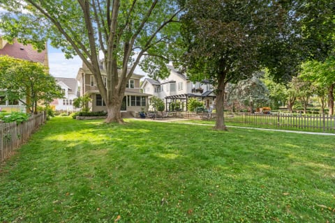 Backyard scene with grass, trees, and residential houses.