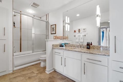 A spacious bathroom featuring a double sink vanity, a shower-tub combo, and decorative insect-themed wall art.