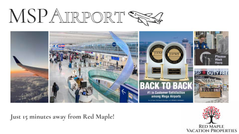 Collage featuring views of MSP Airport including an airplane window, busy terminal, awards for customer satisfaction, TSA personnel, and duty-free shopping areas.
