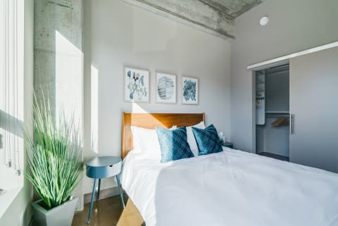 Contemporary bedroom with a bed, decorative pillows, abstract art, and a potted plant.