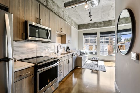 Interior view of a modern kitchen and living area in an apartment.