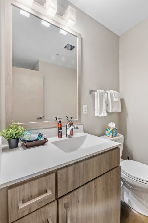 Modern bathroom with a white sink, amber bottles, and decorative elements.