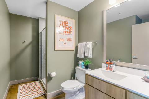 Modern bathroom featuring soft green walls and a walk-in shower.