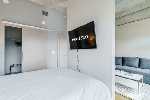 Modern bedroom with a bed, television, and sofa in a minimalist design.