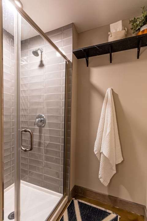 Modern bathroom shower with glass enclosure and stylish decor.