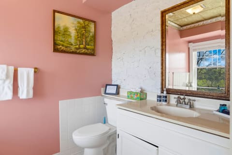 Bright bathroom featuring pink walls, a nature painting, and fluffy towels.